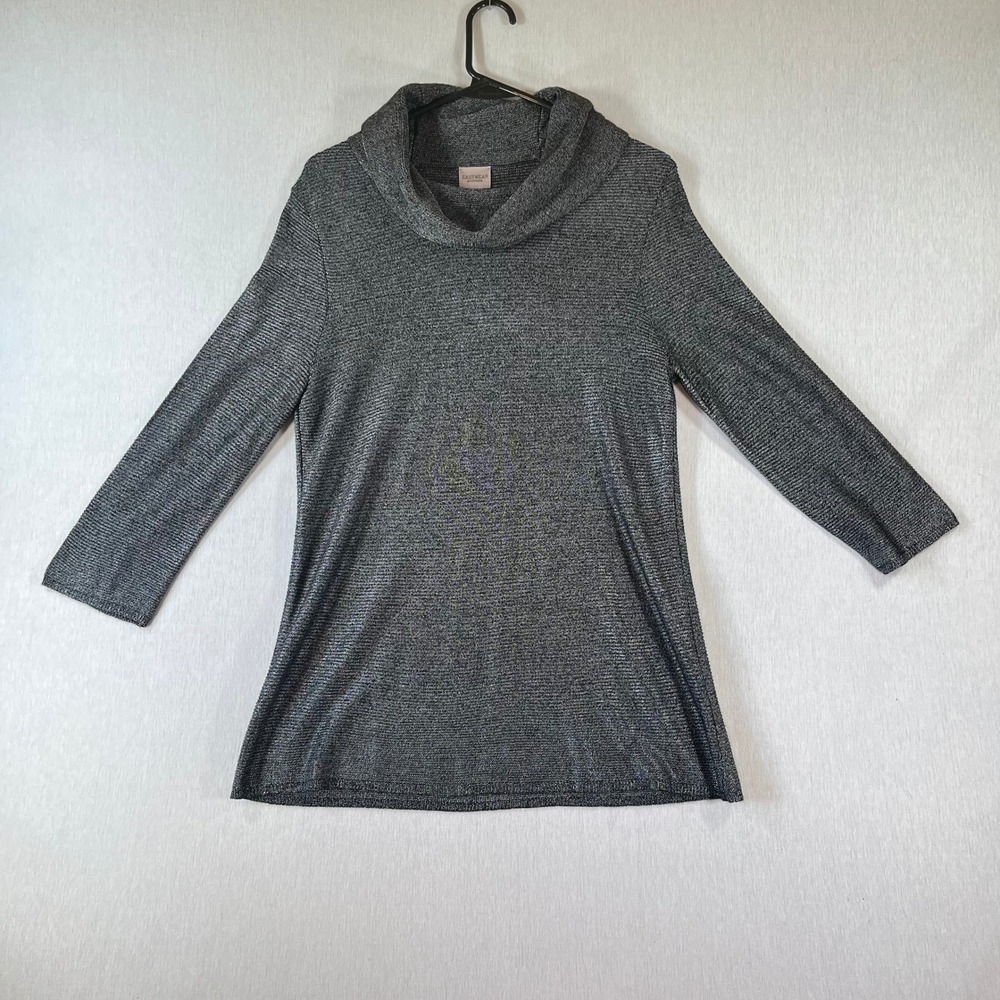 Chicos Easywear Shirt Size 1 Cowl Neck Sweater Charcoal Gray Metallic Knit Top
